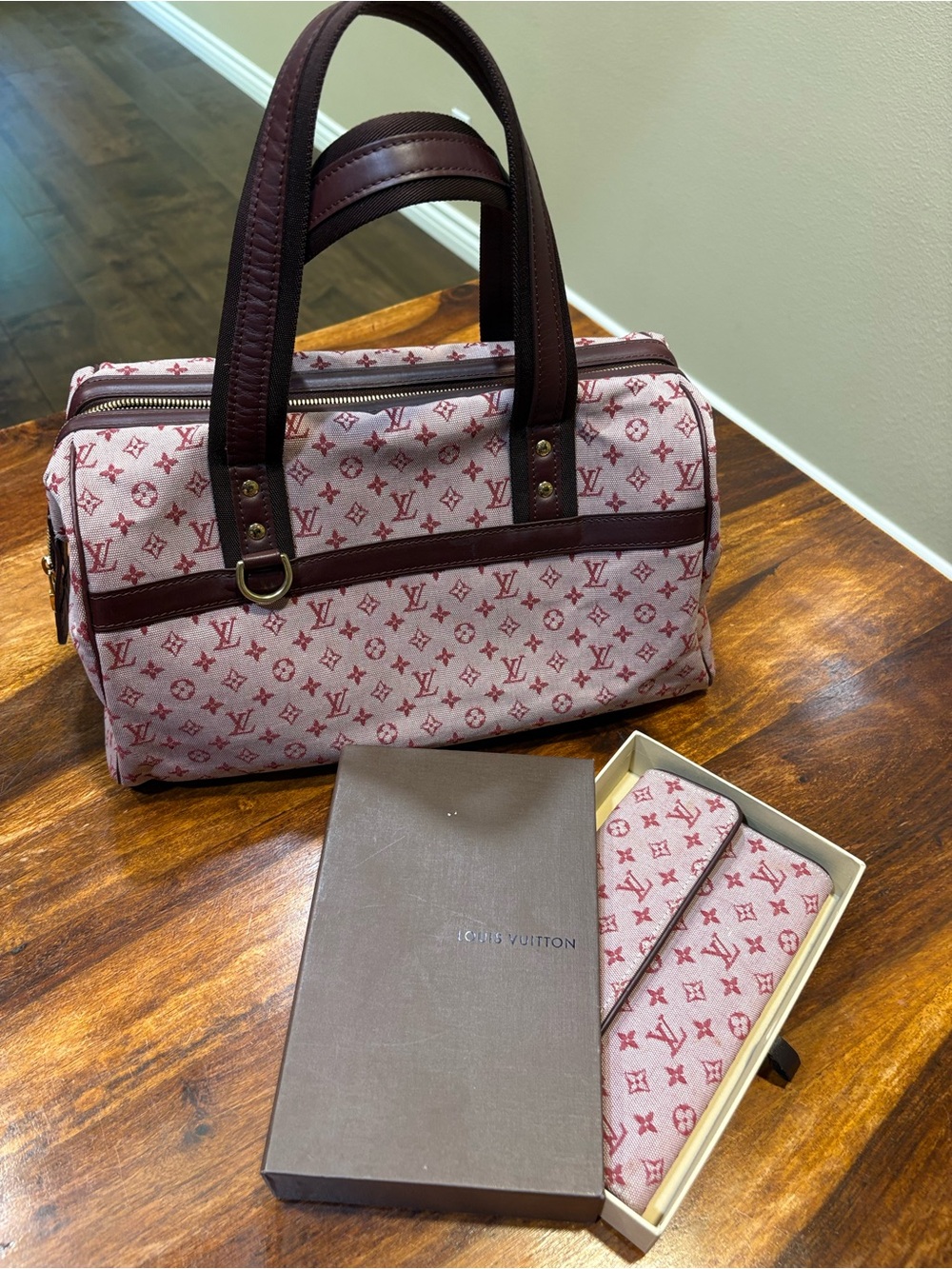 Louis Vuitton Pink Monogram Duffel Bag with Burgundy Trim and Matching Wallet